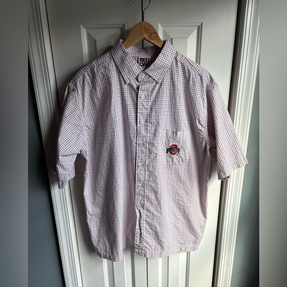 Ohio State Mens Short Sleeve Plaid Button Down Shirt Red Oak Sportswear Size L